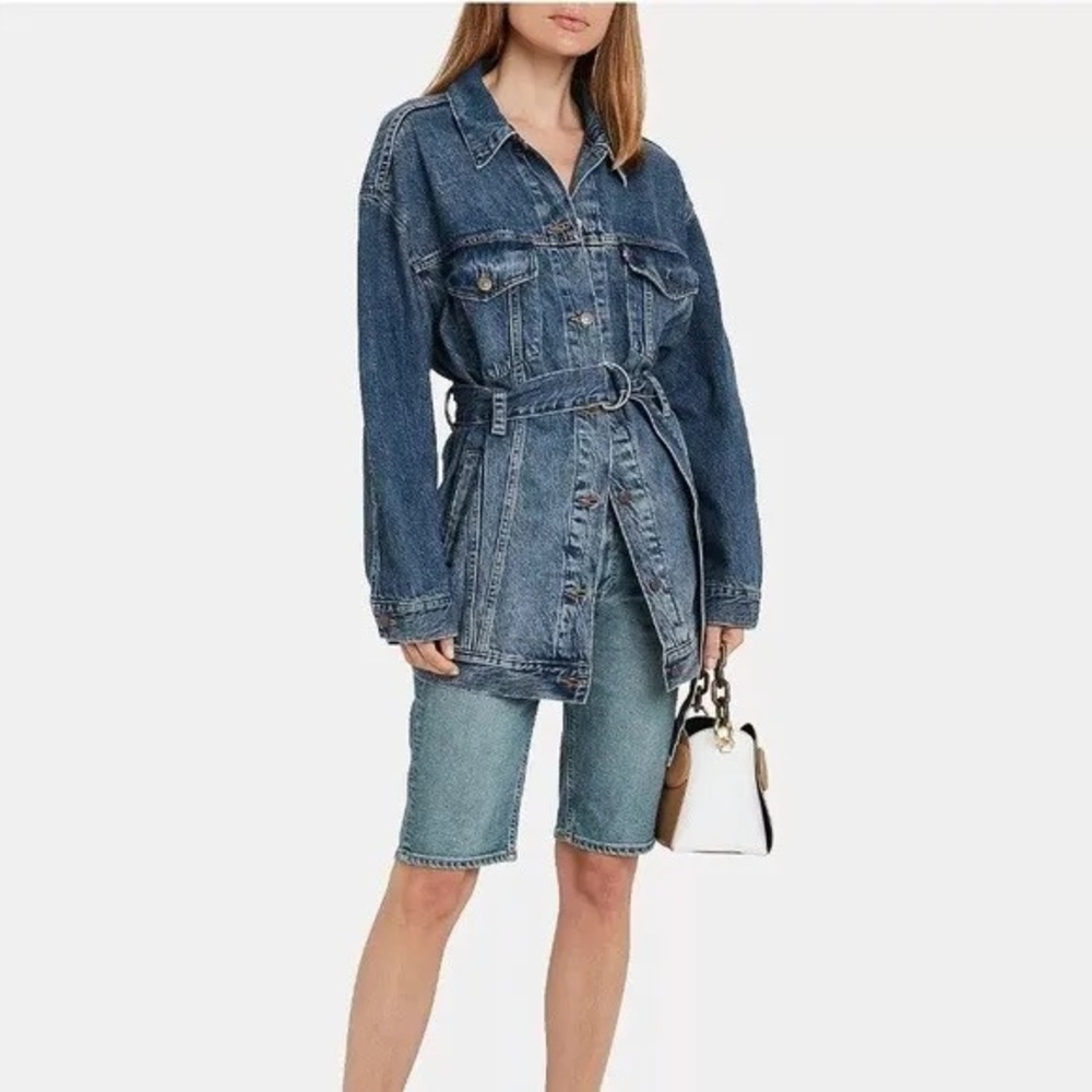 #B7 Levis Belted Trucker Jacket Sz S Oversized Drop Shoulder Boyrfriend Style - Picture 6 of 12